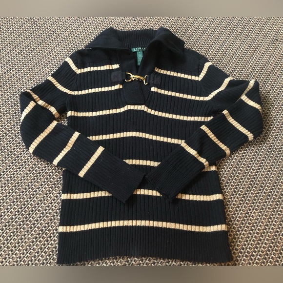 Lauren Ralph Lauren Black &Metallic Gold Striped Collared Latch Thick Knit Swtr - Picture 1 of 12
